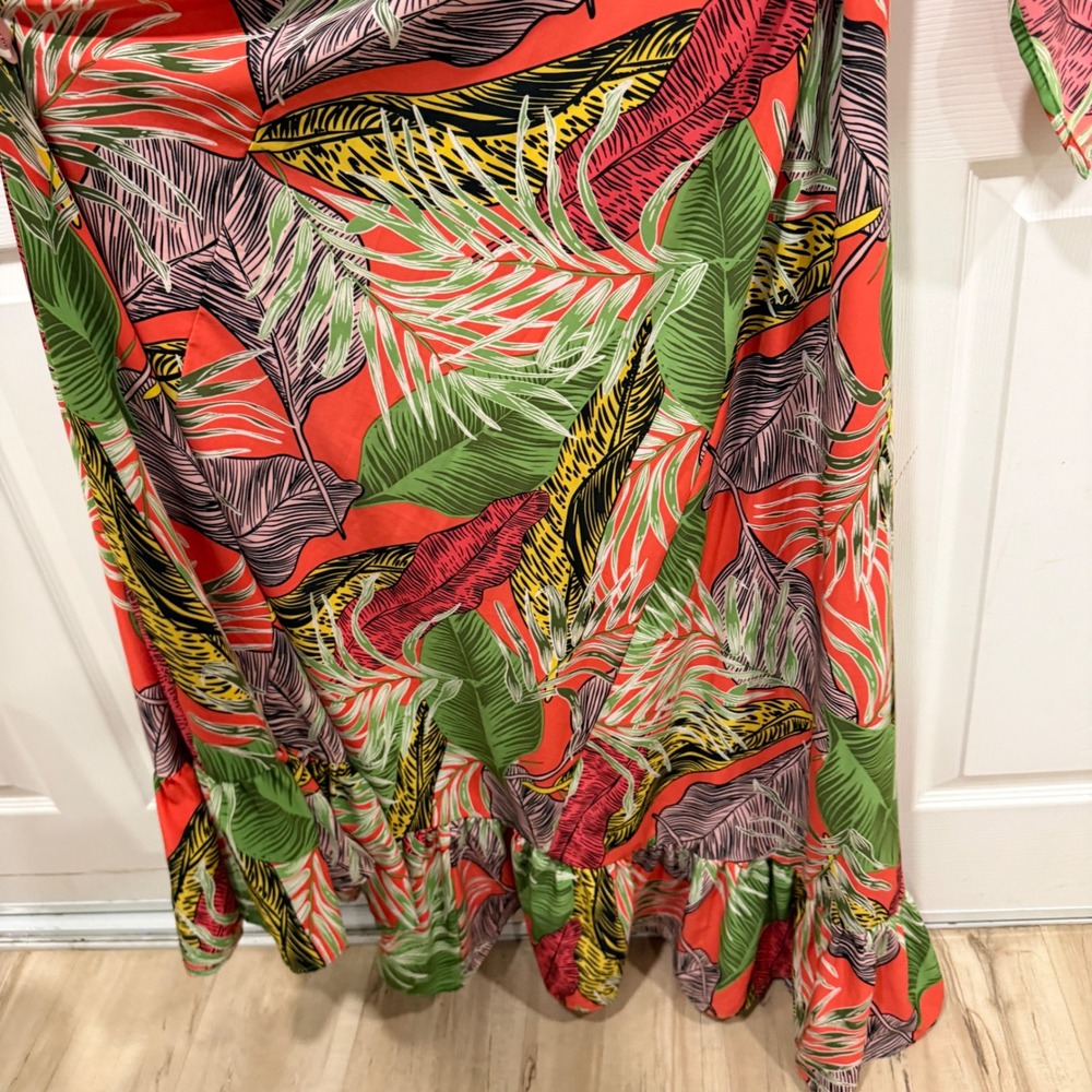 Philthy Tropical Leaf Print Maxi Kimono Robe Ruffle Hem Red Green L/XL - Picture 4 of 8